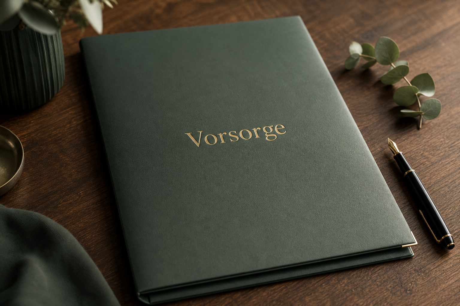 Vorsorge-Mappe mit goldener Schrift auf einem Tisch